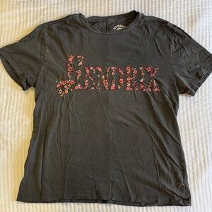 Lucky Brand Black Graphic Tee with Pink & Green Floral Accents